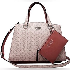 Guess Women's Pink Logo Print Small Satchel Crossbody Handbag + Pouch